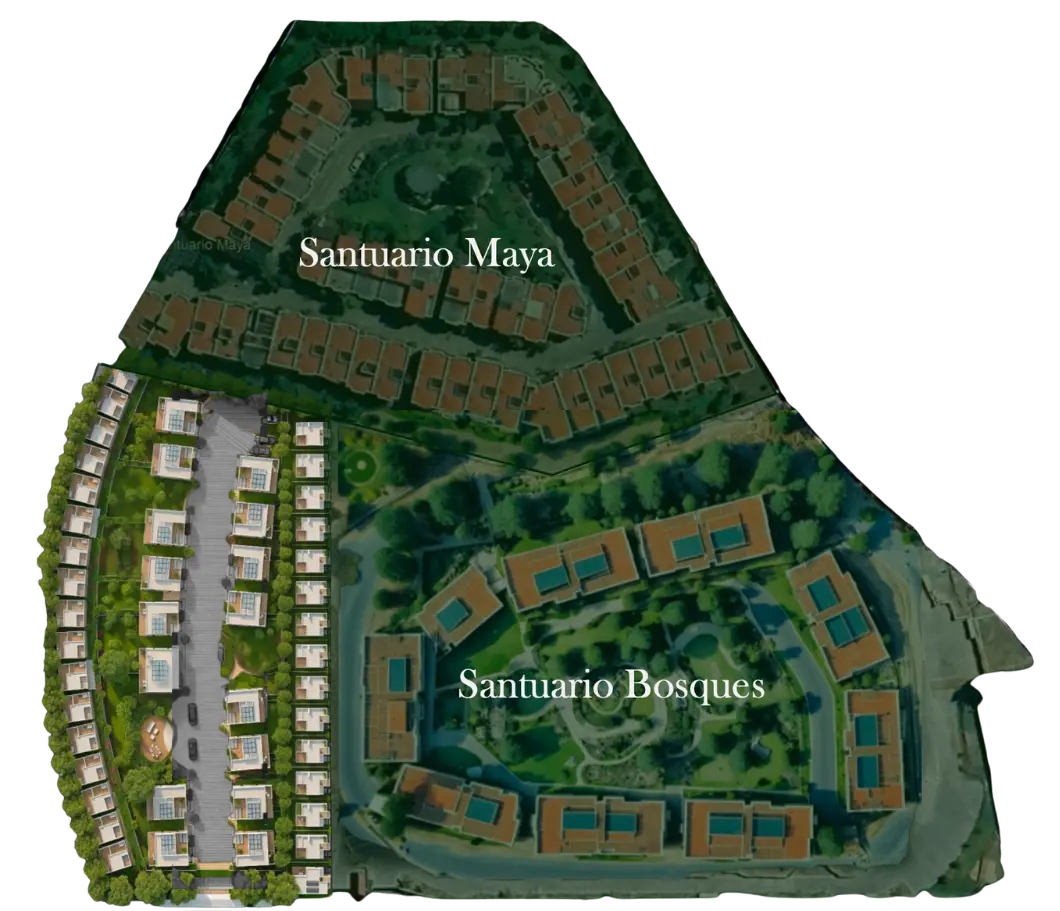 Plano aéreo de la Reserva Territorial Quetzalcóatl mostrando Santuario La Senda junto a Santuario Maya y Santuario Bosques.